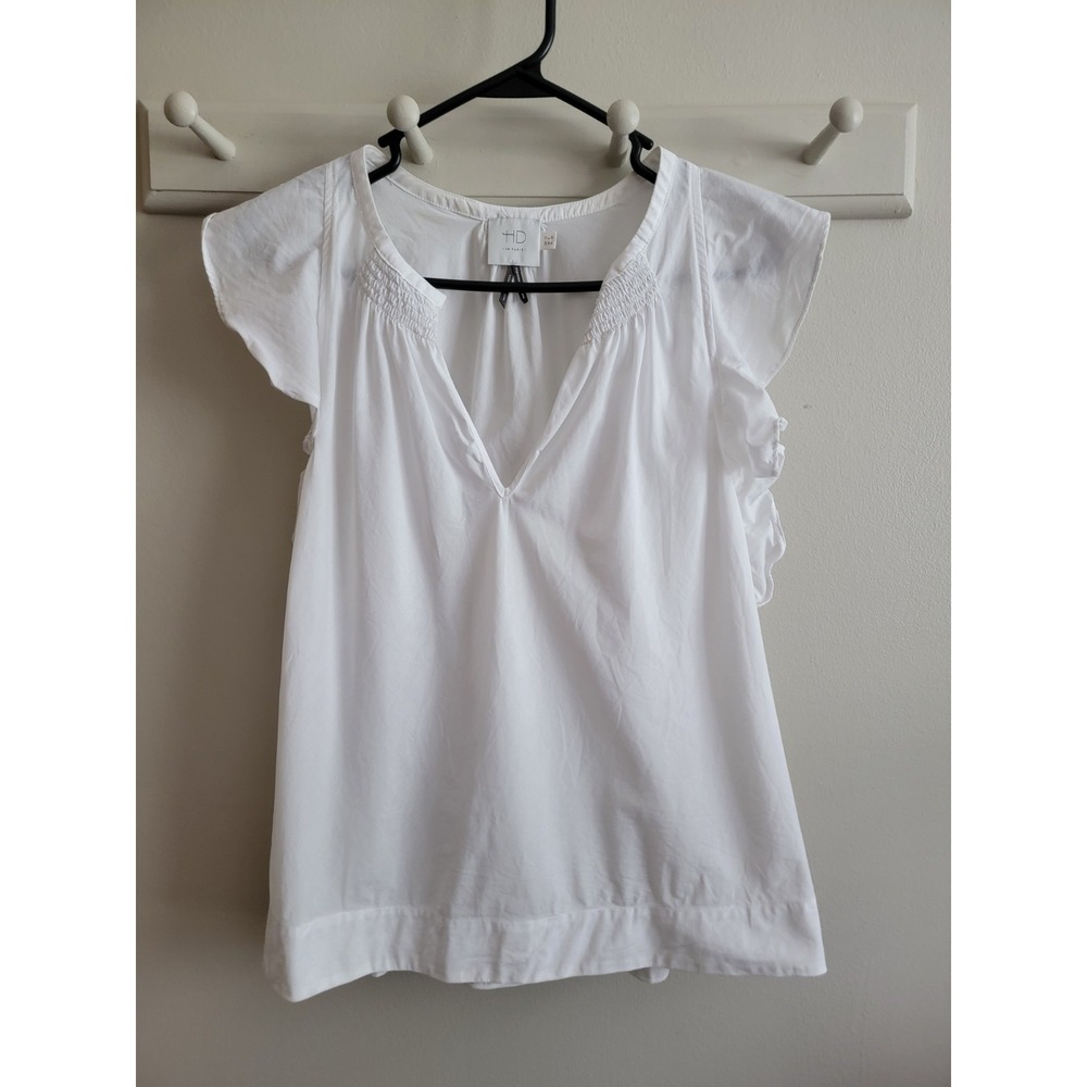Anthropologie HD In Paris Womens 8 White Cotton Ruffle V-Neck Blouse Top Whimsy
